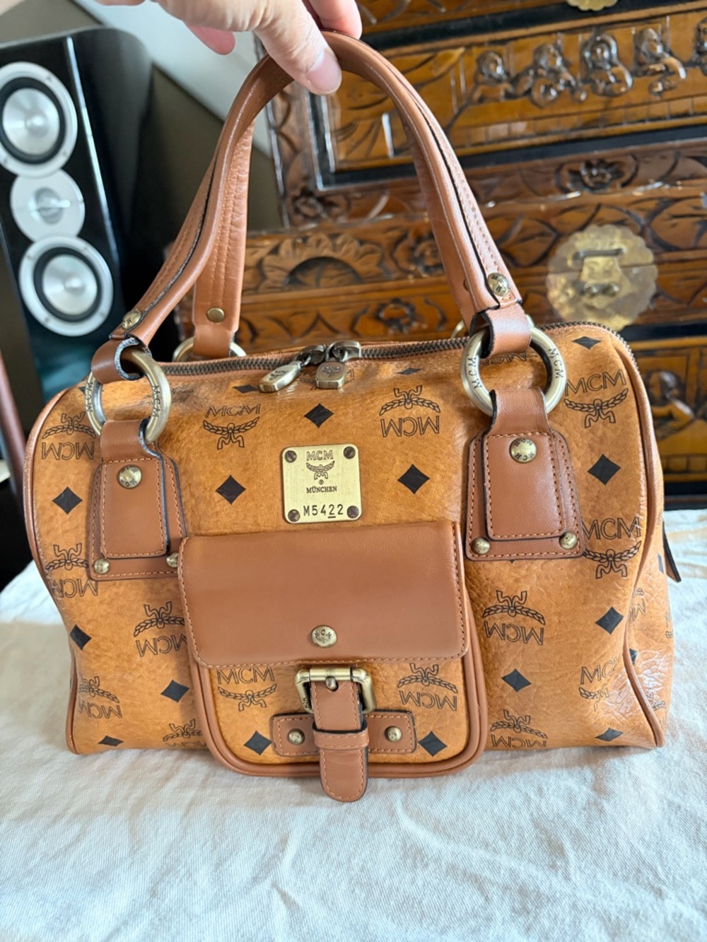 MCM Cognac Satchel with Gold Hardware